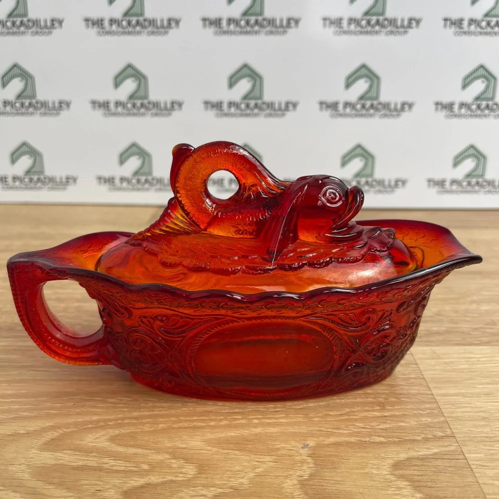 Vintage Amberina Glass Koi Fish Covered Gravy Boat Dish Red Orange 7 Inch
